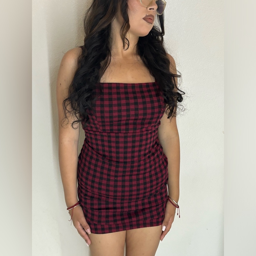 Short red plaid dress